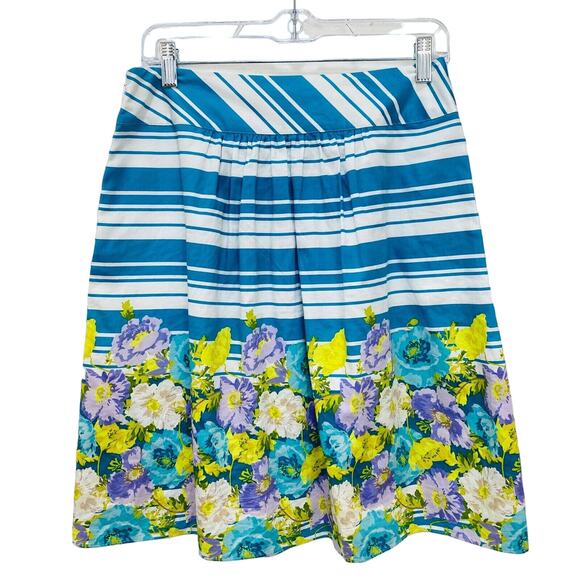 TALBOTS PETITES A-Line Skirt Women's Size 6P Blue Yellow Pleated Floral Stretch - Picture 2 of 9